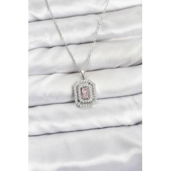 316L Çelik Zincir Gümüş Renk Plaka Model Zirkon Taşlı Kadın Kolye - TJ-BKO10859