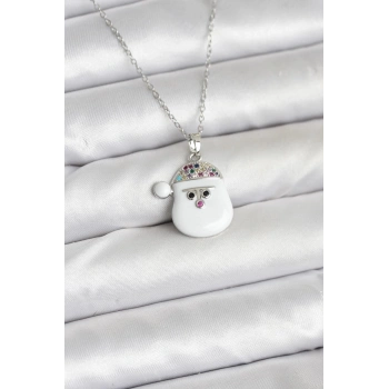 316L Çelik Zincir Gümüş Renk Şapkalı Kardan Adam Kafası Model Yılbaşı Temalı Kadın Kolye - TJ-BKO10705