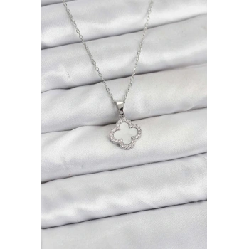 316L Çelik Zincir Gümüş Renk Sedefli Yonca Kadın Kolye - TJ-BKO10766