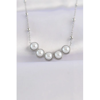 316L Çelik Zincir Gümüş Renk Sıralı İnci Taşlı Kolye - TJ-BKO8654