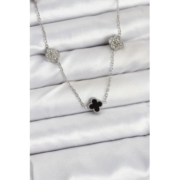 316L Çelik Zincir Gümüş Renk Siyah ve Zirkon Taşlı Baby Boy Yonca Kadın Kolye - TJ-BKO10591