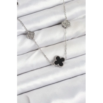 316L Çelik Zincir Gümüş Renk Siyah ve Zirkon Taşlı Yonca Kadın Kolye - TJ-BKO10589