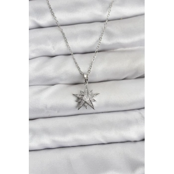 316L Çelik Zincir Gümüş Renk Yıldız Model Zirkon Taşlı Kadın Kolye - TJ-BKO10845