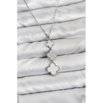 316L Çelik Zincir Gümüş Renk Yonca Detaylı Zirkon Taşlı Kadın Kolye - TJ-BKO10828