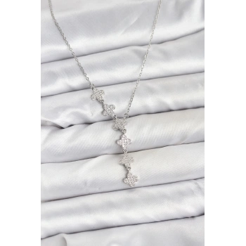 316L Çelik Zincir Gümüş Renk Yonca Model Kadın Kolye - TJ-BKO10675