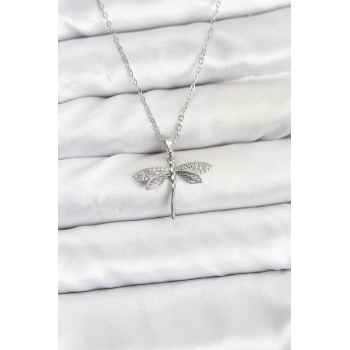 316L Çelik Zincir Gümüş Renk Yusufçuk Model Zirkon Taşlı Kadın Kolye - TJ-BKO10886