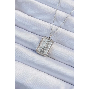 316L Çelik Zincir Gümüş Renk Zirkon Taşlı Çerçeveli Tarot Kolye - TJ-BKO9234