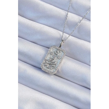 316L Çelik Zincir Gümüş Renk Zirkon Taşlı Çerçeveli Tarot Kolye - TJ-BKO9242