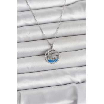 316L Çelik Zincir Gümüş Renk Zirkon Taşlı Deniz Temalı Kadın Kolye - TJ-BKO11033