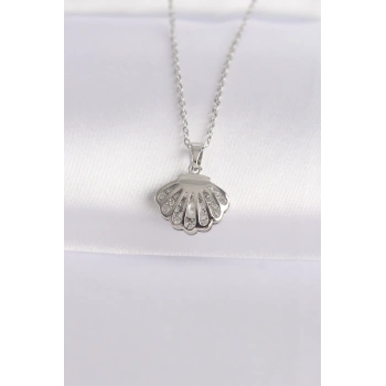 316L Çelik Zincir Gümüş Renk Zirkon Taşlı İnci Detay İstiridye Kolye - TJ-BKO8600