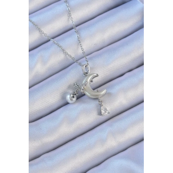 316L Çelik Zincir Gümüş Renk Zirkon Taşlı Kelebekli Mineli Ay Kolye - TJ-BKO9094