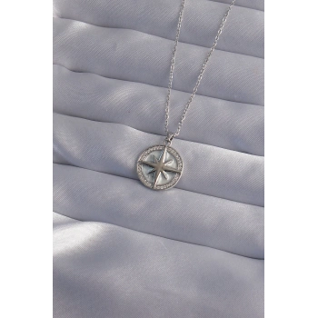 316L Çelik Zincir Gümüş Renk Zirkon Taşlı Kutup Yıldızı Kolye - TJ-BKO9012