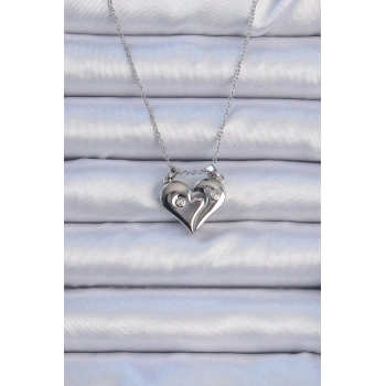 316L Çelik Zincir Gümüş Renk Zirkon Taşlı Mıknatıslı Kalp Kolye - TJ-BKO9082