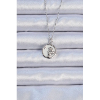 316L Çelik Zincir Gümüş Renk Zirkon Taşlı Mineli Melek Kolye - TJ-BKO9086