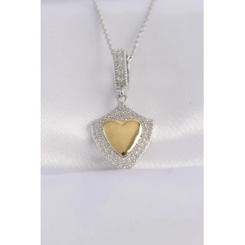 316L Çelik Zincir Gümüş Renk Zirkon Taşlı Tasarım Altın Renk Kalp Kolye - TJ-BKO8661