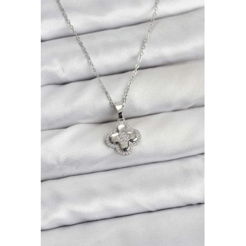 316L Çelik Zincir Gümüş Renk Zirkon Taşlı Yonca Model Kadın Kolye - TJ-BKO10768