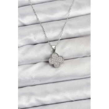 316L Çelik Zincir Gümüş Renk Zirkon Taşlı Yonca Model Kadın Kolye - TJ-BKO10772