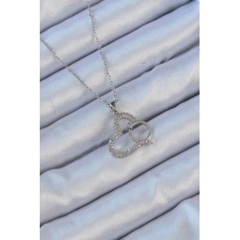 316L Çelik Zincir Gümüş Renk Zirkon Taşlı Yüzüklü Kalp Kolye - TJ-BKO9146