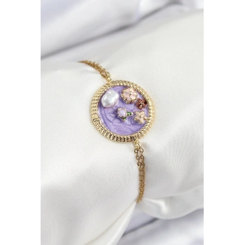 316L Çelik Zincir Mor Mineli Sanatsal Portre İnci Detaylı Çiçek Model Gold Renk Kadın Bileklik - TJ-BB7228