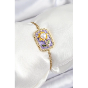 316L Çelik Zincir Mor Mineli Sanatsal Portre İnci Detaylı Papatya Model Gold Renk Kadın Bileklik - TJ-BB7231