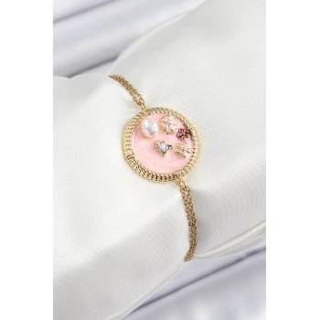 316L Çelik Zincir Pembe Mineli Sanatsal Portre İnci Detaylı Çiçek Model Gold Renk Kadın Bileklik - TJ-BB7229
