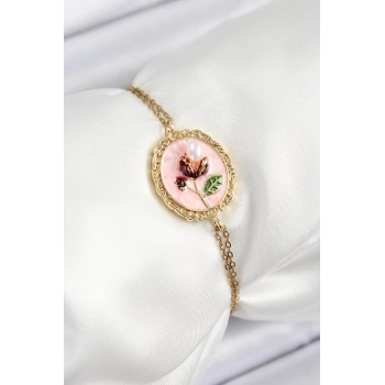316L Çelik Zincir Pembe Mineli Sanatsal Portre İnci Detaylı Lale Model Gold Renk Kadın Bileklik - TJ-BB7237