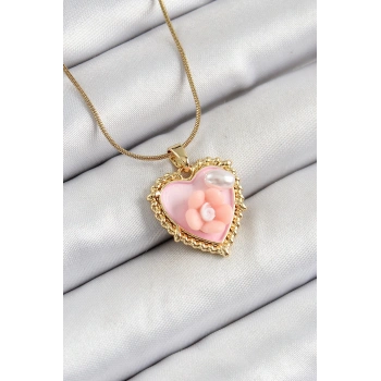 316L Çelik Zincir Pembe Sanatsal Portre İnci Detaylı Papatya Figürlü Kalp Model Gold Renk Kadın Kolye - TJ-BKO10271