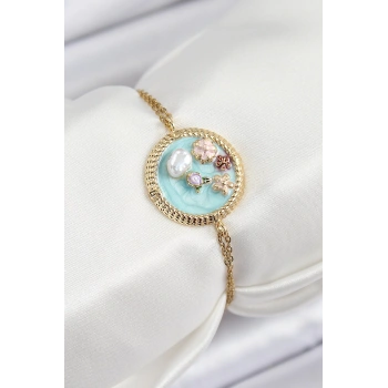 316L Çelik Zincir Turkuaz Mineli Sanatsal Portre İnci Detaylı Çiçek Model Gold Renk Kadın Bileklik - TJ-BB7227