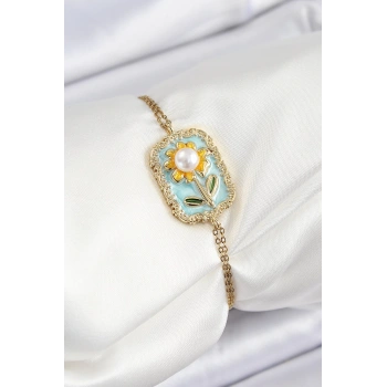 316L Çelik Zincir Turkuaz Mineli Sanatsal Portre İnci Detaylı Papatya Model Gold Renk Kadın Bileklik - TJ-BB7230