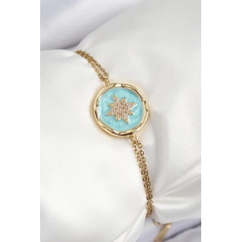 316L Çelik Zincir Turkuaz Mineli Sanatsal Portre Kuzey Yıldızı Model Gold Renk Kadın Bileklik - TJ-BB7241