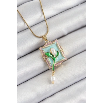 316L Çelik Zincir Turkuaz Sanatsal Portre Sallantılı İnci Detaylı Lale Model Gold Renk Kadın Kolye - TJ-BKO10280