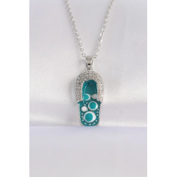 316L Çelik Zincir Zirkon Taşlı Gümüş Renk Nazarlı Terlik Tasarımlı Kolye - TJ-BKO8665