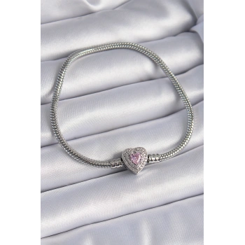 316L Çelik Zincir Zirkon Taşlı Kalp Figür Charm Model Kadın Bileklik - TJ-BB6417