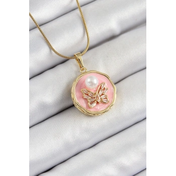 316L Çelik Zincir Zirkon Taşlı Pembe Sanatsal Portre İnci Detaylı Kelebek Model Gold Renk Kadın Kolye - TJ-BKO10276