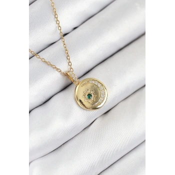 316L Çelik Zirkon Taşlı Ay Ve Güneş Model Gold Renk Kadın Kolye - TJ-BKO10539