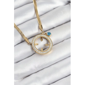 316L Çelik Zirkon Taşlı Çeyrek Takılabilir Gold Renk Kadın Kolye - TJ-BKO10506