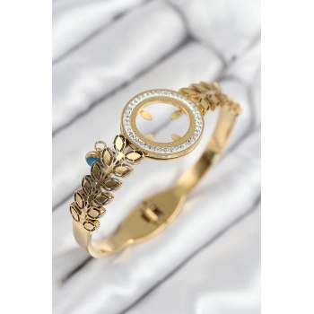 316L Çelik Zirkon Taşlı Çeyrek Takılabilir Gold Renk Kelepçe - TJ-BB7823