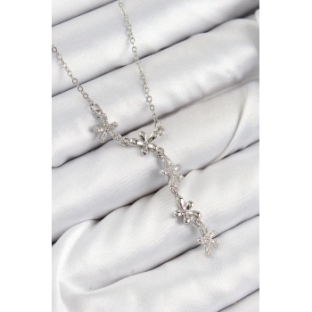 316L Çelik Zirkon Taşlı Çiçek Model Gümüş Renk Kadın Kolye - TJ-BKO10406