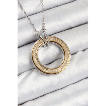 316L Çelik Zirkon Taşlı Dönen Daire Model Gold Ve Gümüş Renk Kadın Kolye - TJ-BKO10479