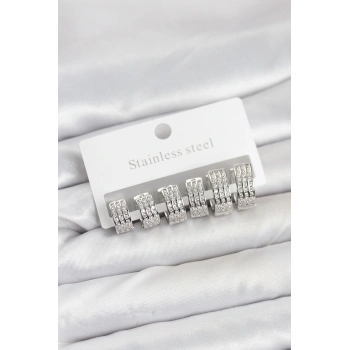 316L Çelik Zirkon Taşlı Gümüş Renk Halka Küpe Seti - TJ-BKP11519