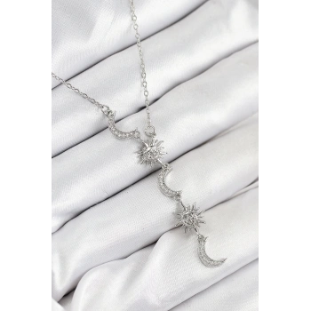 316L Çelik Zirkon Taşlı Güneş Ve Ay Model Gümüş Renk Kadın Kolye - TJ-BKO10549