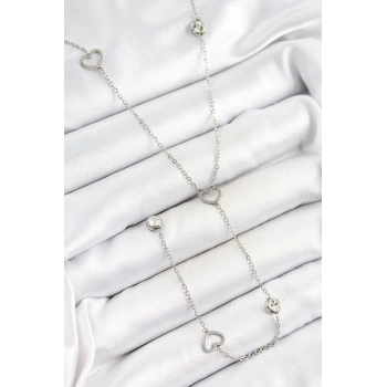 316L Çelik Zirkon Taşlı Kalp Figürlü Y Model Gümüş Renk Kadın Kolye - TJ-BKO10334