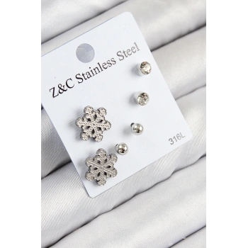 316L Çelik Zirkon Taşlı Kar Tanesi Model Gümüş Renk Kadın Set Küpe - TJ-BKP11121