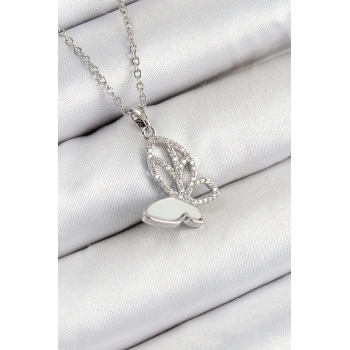 316L Çelik Zirkon Taşlı Kelebek Model Gümüş Renk Kadın Kolye - TJ-BKO10360