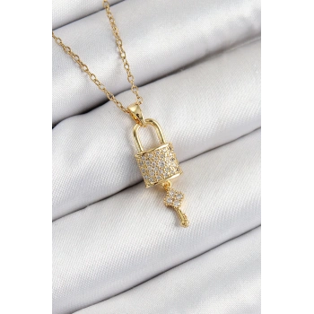 316L Çelik Zirkon Taşlı Kilit Ve Sallantılı Anahtar Model Gold Renk Kadın Kolye - TJ-BKO10353