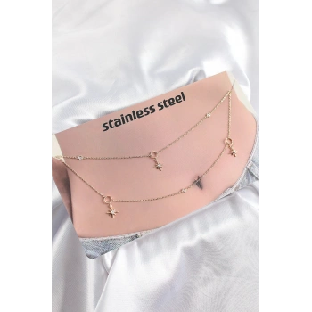 316L Çelik Zirkon Taşlı Kutup Yıldızı Model Gold Renk Göbek Zinciri - TJ-BKGZ10344
