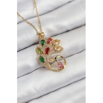 316L Çelik Zirkon Taşlı Tavus Kuşu Model Gold Renk Kadın Kolye - TJ-BKO10514