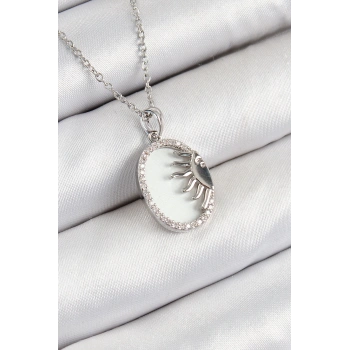 316L Çelik Zirkon Taşlı Yarım Güneş Model Gümüş Renk Kadın Kolye - TJ-BKO10344