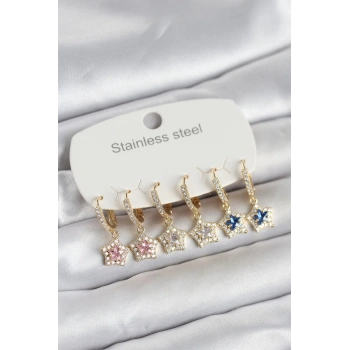 316L Çelik Zirkon Taşlı Yıldız Form 6lı Set Kadın Küpe - TJ-BKP11739