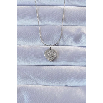 316L Gümüş Renk Zirkon Taşlı İşlemeli Göz Detay Kalp Kolye - TJ-BKO9285